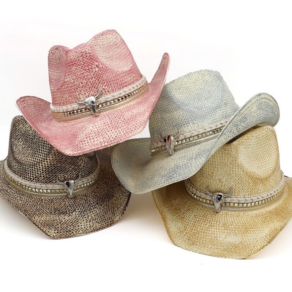 Unisex Concho Buckle Embroidered Band Accent Western Cowboy Hat